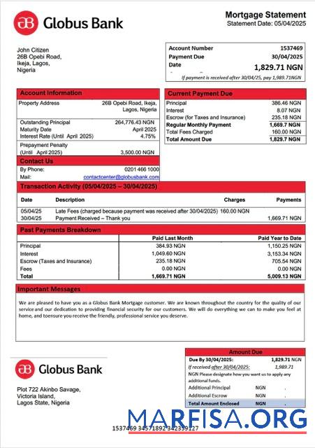 Downloadable Nigeria Globus Bank mortgage statement Word and PDF template